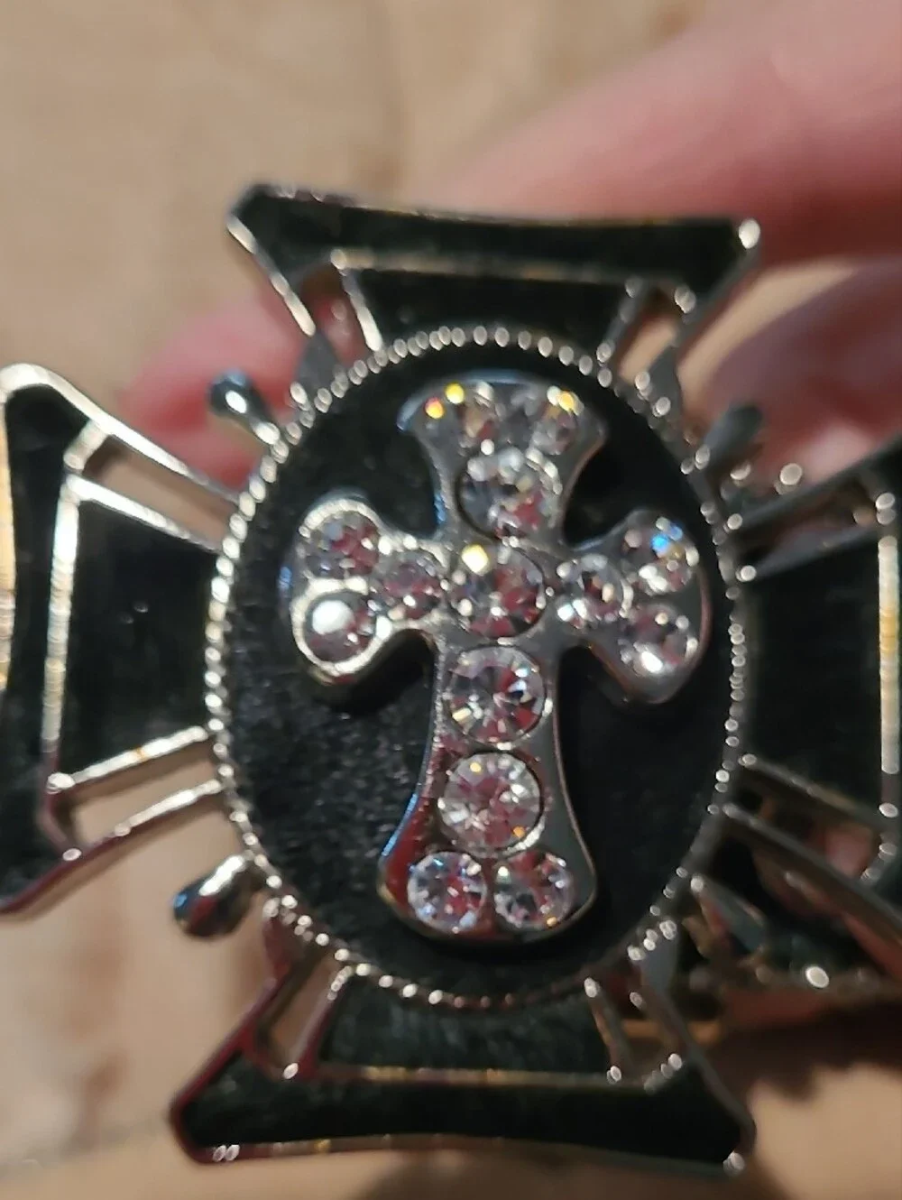 Black Cowhide Leather Belt With Silver And Crystal Cross Embellishments